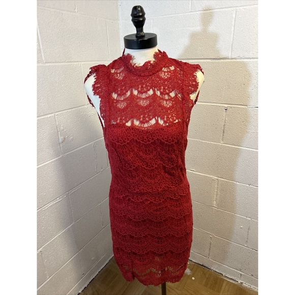 NWT Intimately‎ Free People Open Back Red Lace High Neck Bodycon Dress Size Med - Picture 1 of 16